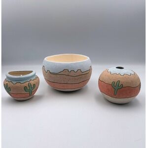 Vintage Native American AZ Navajo Handpainted Pottery 3PC Pueblo Scene Signed
